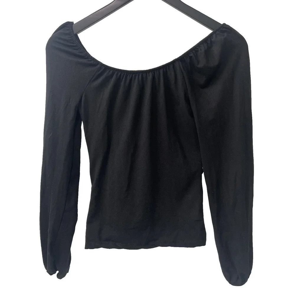 Love Theory Scoop Neck Top Womens M Black Excellent Long Sleeve Gathered Stretch - Picture 2 of 5